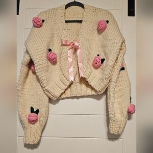 Handmade Cream and Pink Floral Chunky Knit Sweater